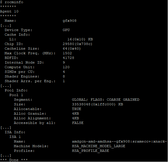 rocminfo output fragment on an 8*MI100 system.