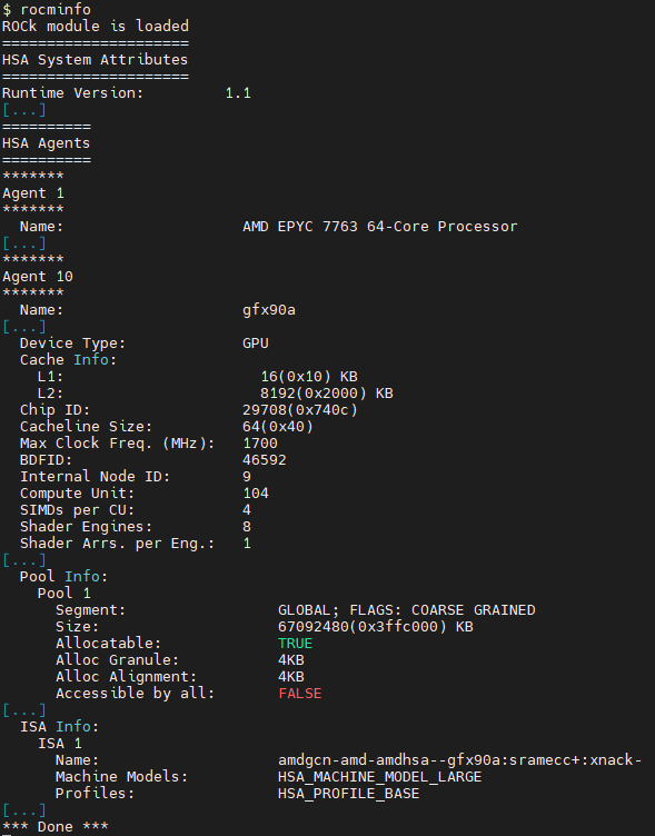 rocminfo output fragment on an 8*MI200 system.