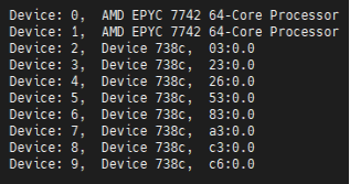 rocm-bandwidth-test output fragment on an 8*MI100 system listing devices.