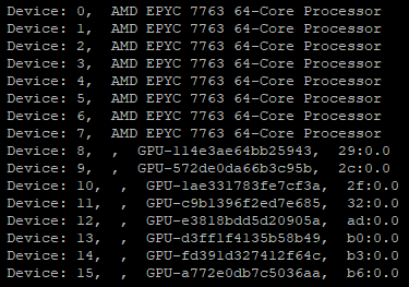 rocm-bandwidth-test output fragment on an 8*MI200 system listing devices.