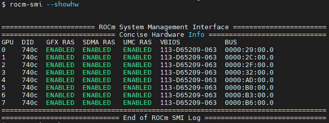 rocm-smi --showhw output on an 8*MI200 system.