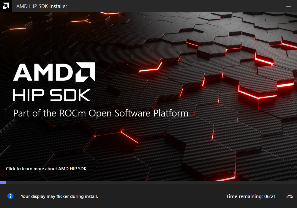 Window with AMD arrow logo, futuristic background and progress meter.