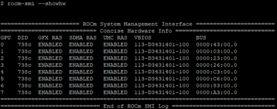 rocm-smi --showhw output on an 8*MI100 system.