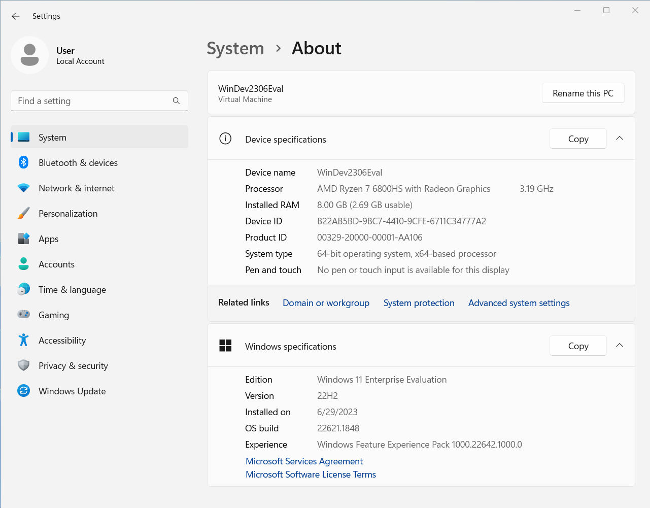 Settings app panel showing Device and OS information