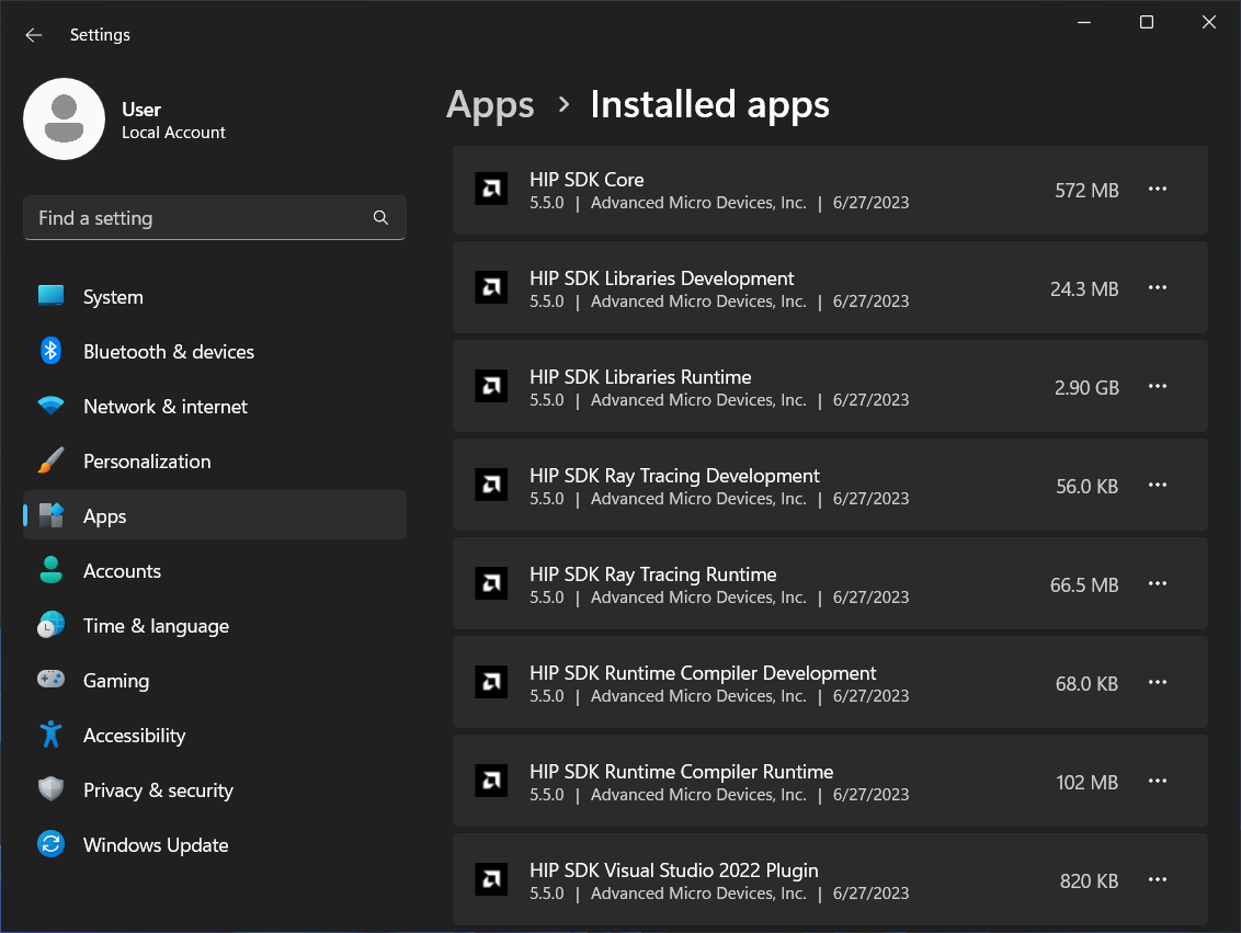 Installed apps section of the Setting app showing installed HIP SDK components.