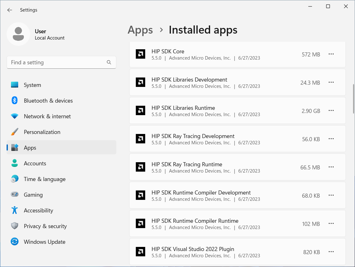 Installed apps section of the Setting app showing installed HIP SDK components.