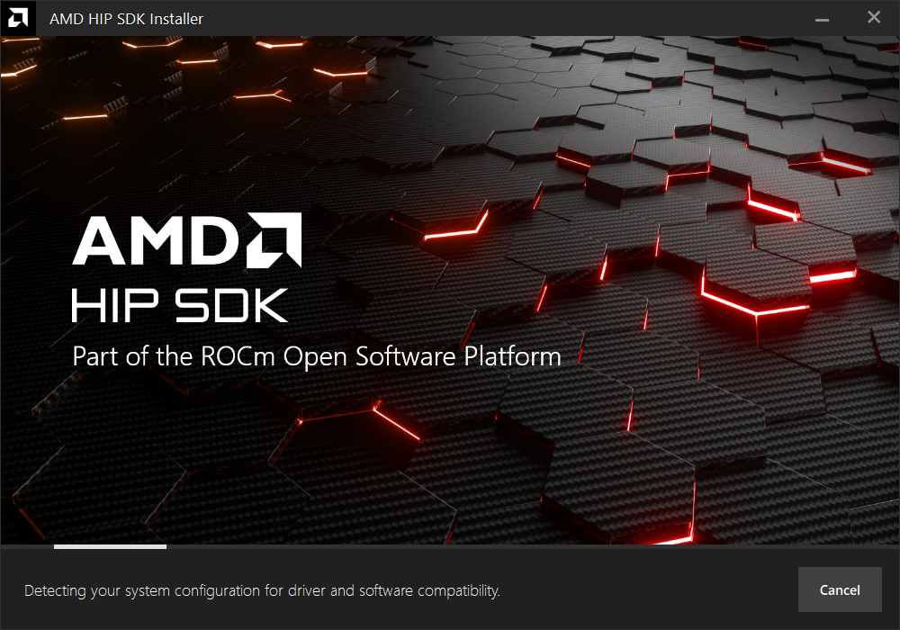 Window with AMD arrow logo, futuristic background and activity indicator.