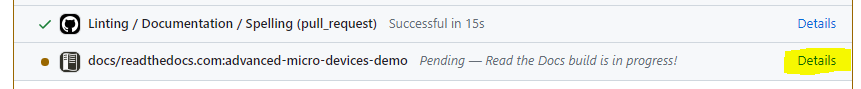 Screenshot of the GitHub documentation build link