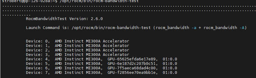 Output from the rocm-bandwidth-test utility