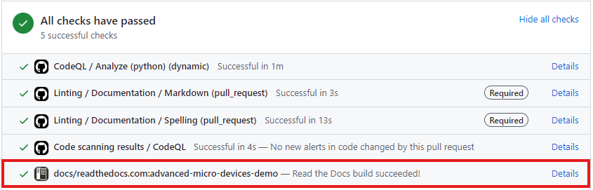 The Read The Docs Build is accessed from the Details link in the Read The Docs check.