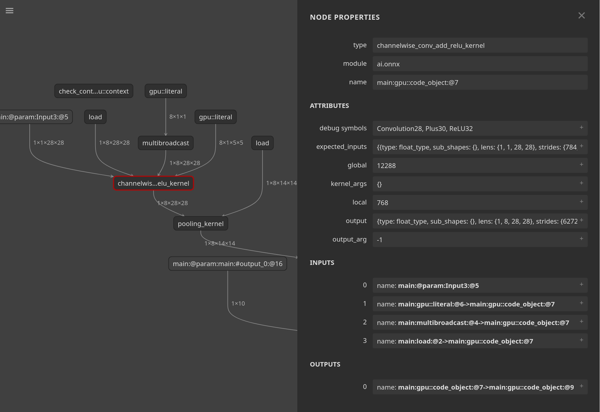 mnist-8 model compiled with debug symbols enabled opened with Netron