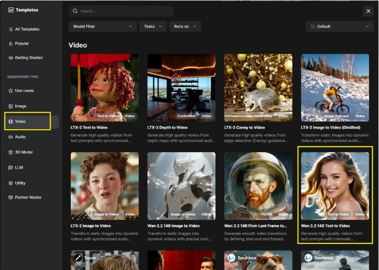 ComfyUI Templates library with Video selected and the Wan 2.2 14B Text to Video card