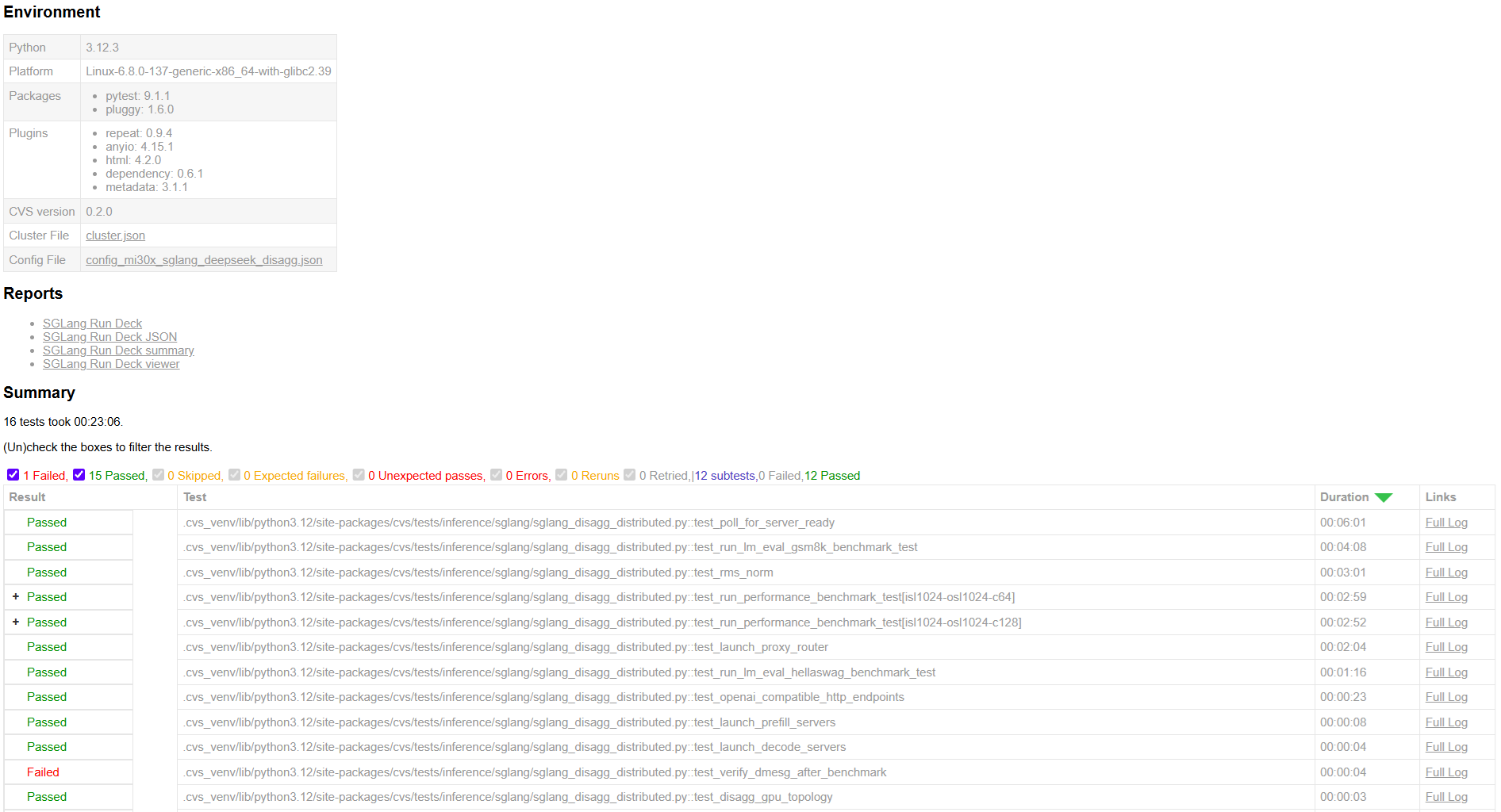 Sample SGLang inference HTML test report