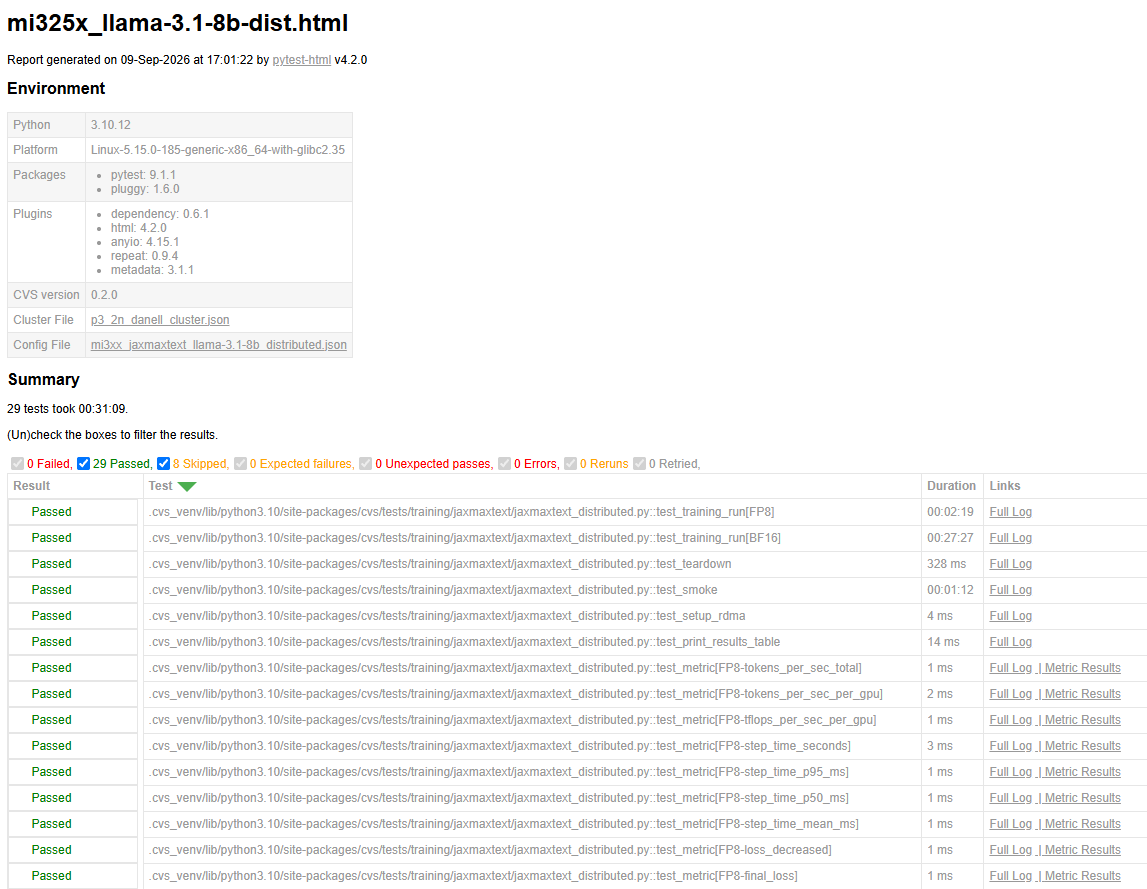 Sample JAX MaxText training HTML test report