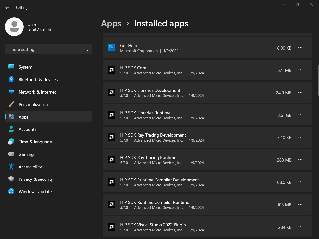 Installed apps section of the settings app showing installed HIP SDK components