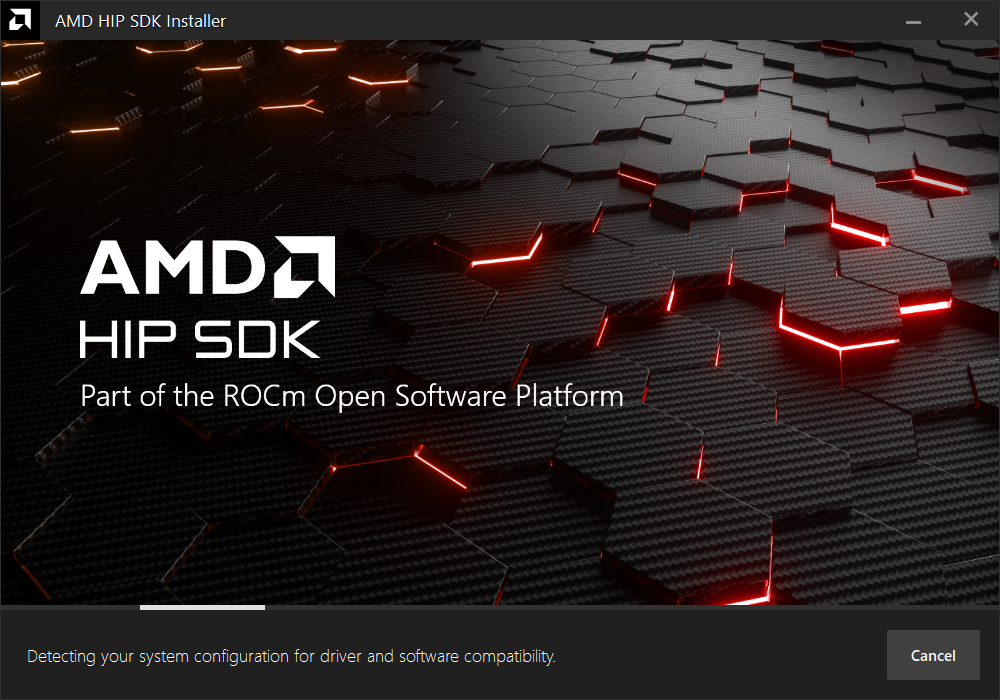 Window with AMD arrow logo, futuristic background and activity indicator