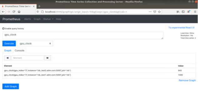 The Prometheus image showing the GPU clock for both rdc_test1 and rdc_test2.