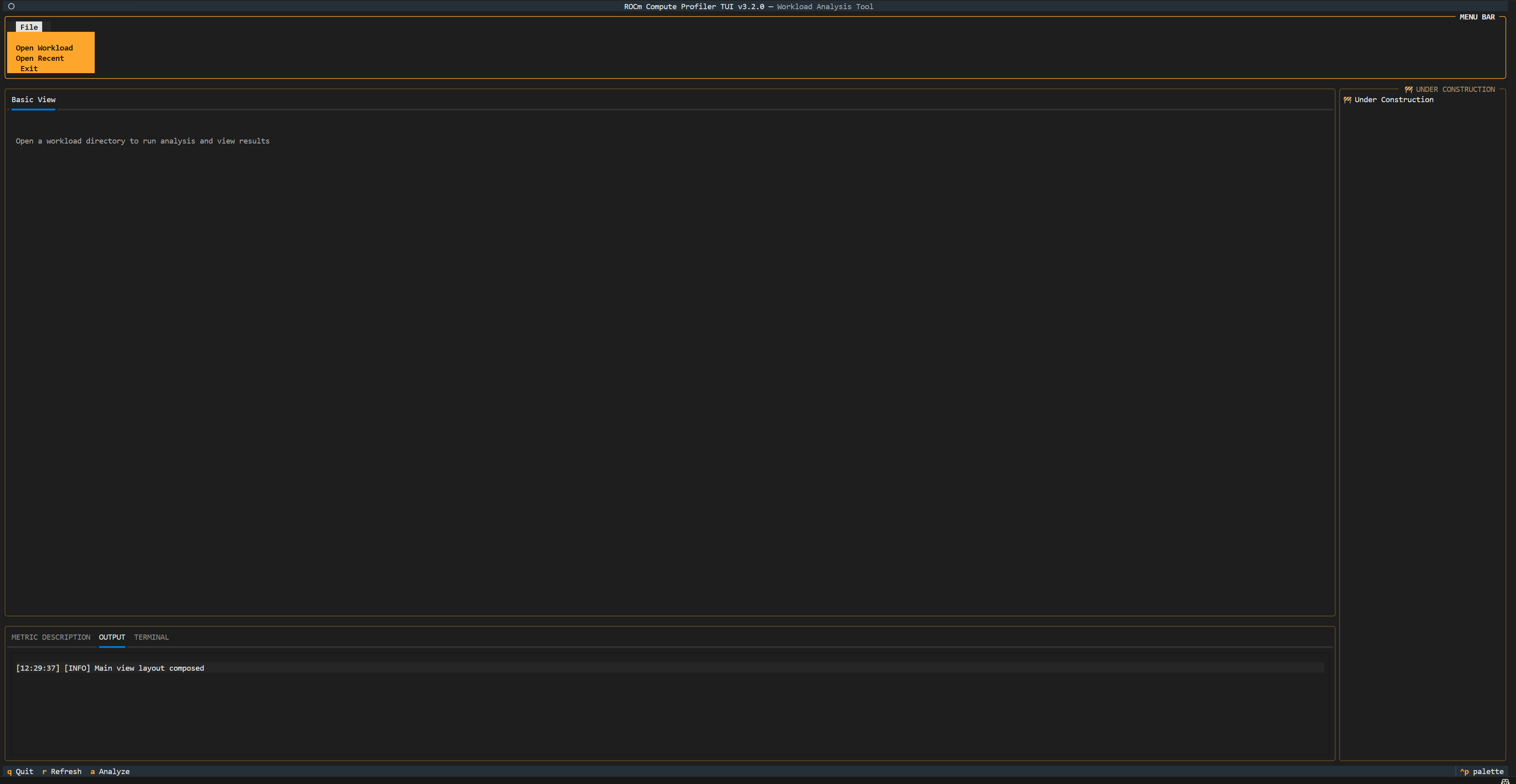 ROCm Compute Profiler TUI home screen