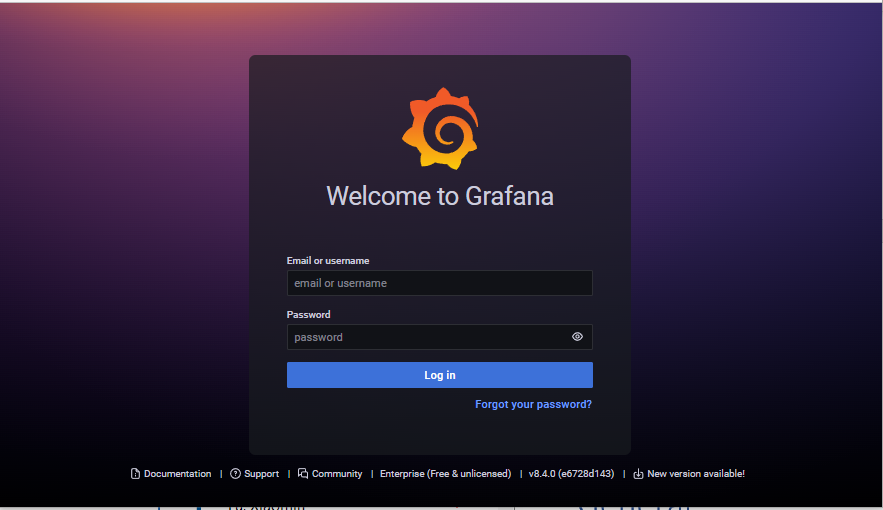 Grafana dashboard welcome screen