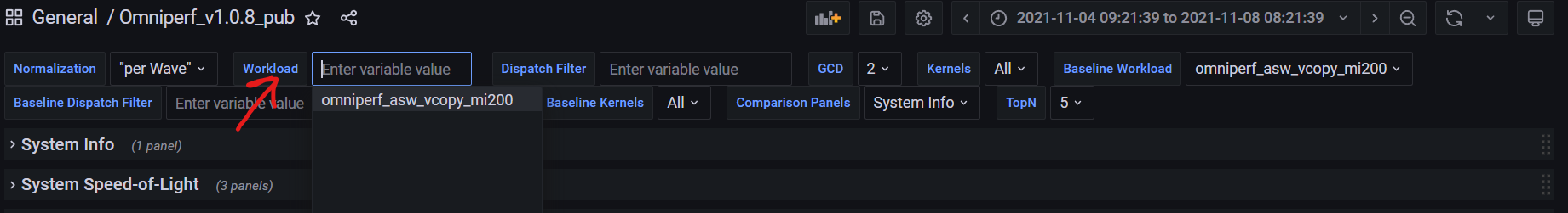 ROCm Compute Profiler workload selection in Grafana