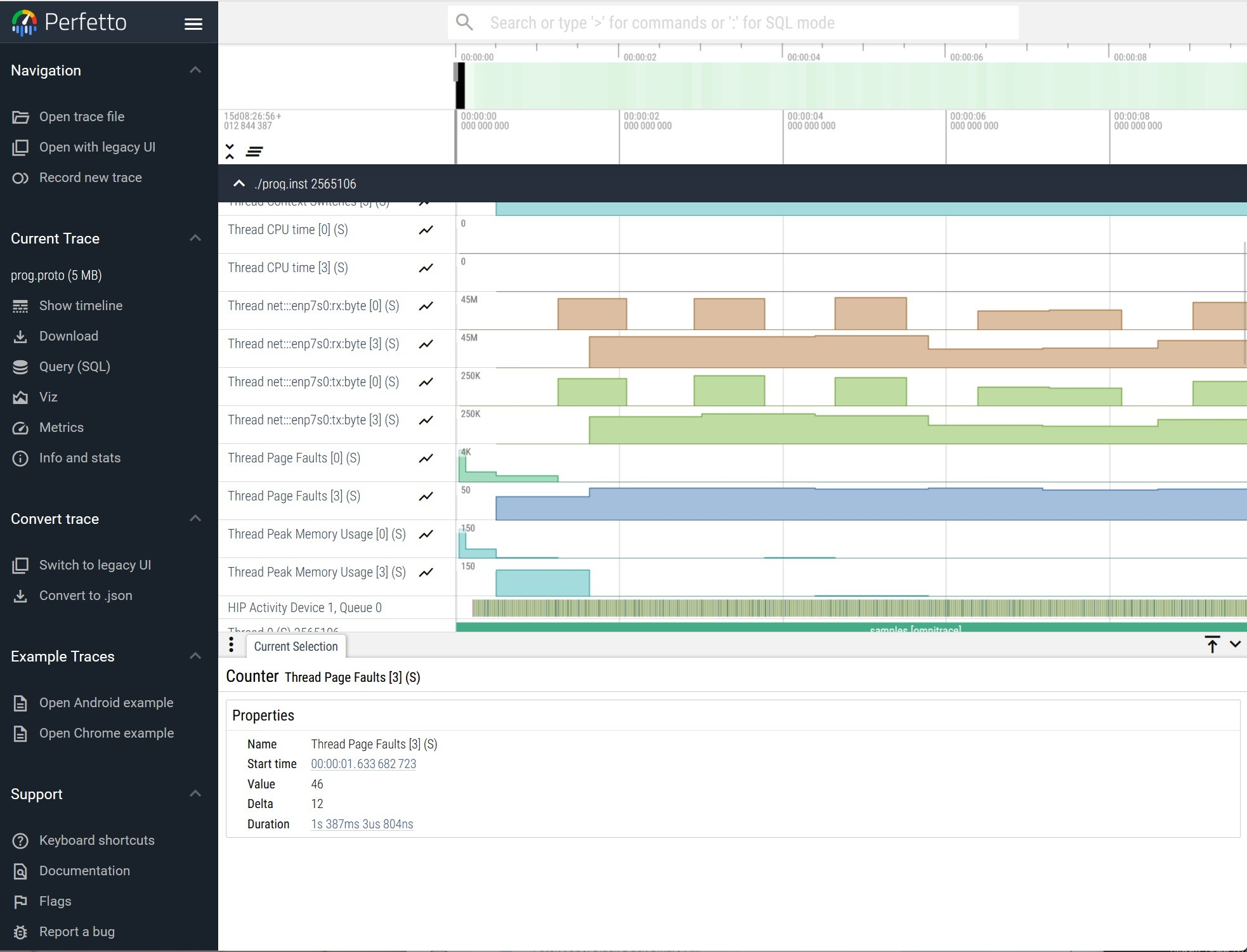 Visualization of a performance graph in Perfetto with network tracks