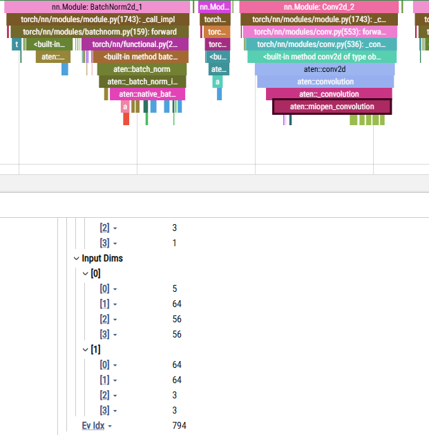 Perfetto Current Selection panel showing Input Dims and Input type fields on an aten::convolution cpu_op event.