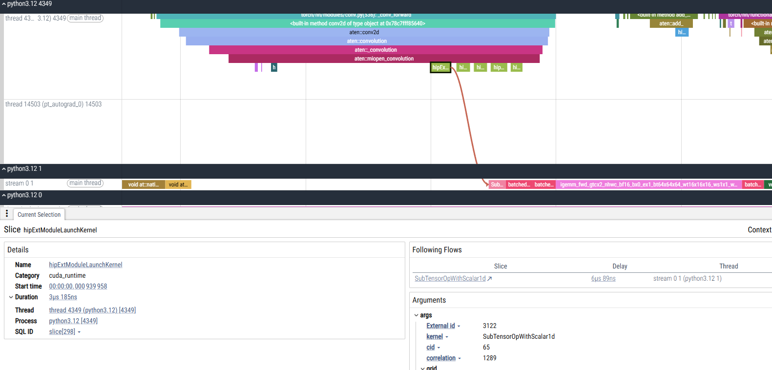 Perfetto trace with a Following Flow arrow connecting a hipExtModuleLaunchKernel host event to its GPU kernel event.